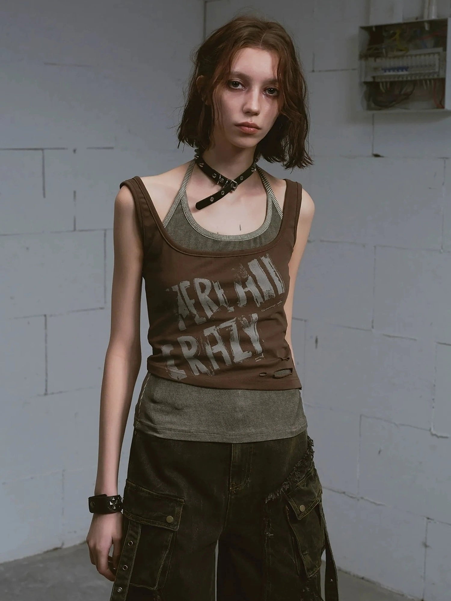 Chinese Clothing Cest Nous Update Punk Print Layered Camisole V-neck T-shirt Long Sleeve