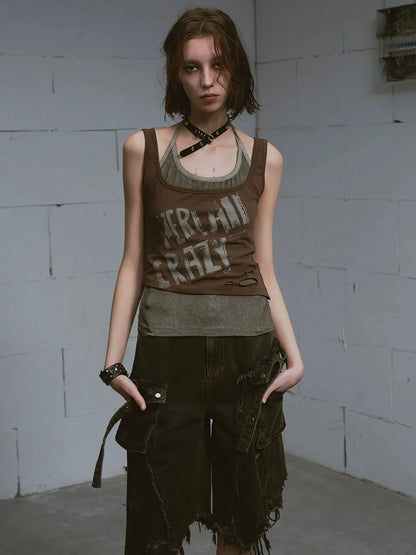 Chinese Clothing Cest Nous Update Punk Print Layered Camisole V-neck T-shirt Long Sleeve