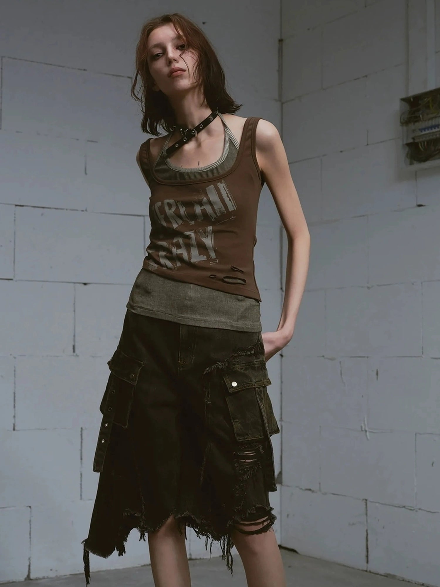 Chinese Clothing Cest Nous Update Punk Print Layered Camisole V-neck T-shirt Long Sleeve