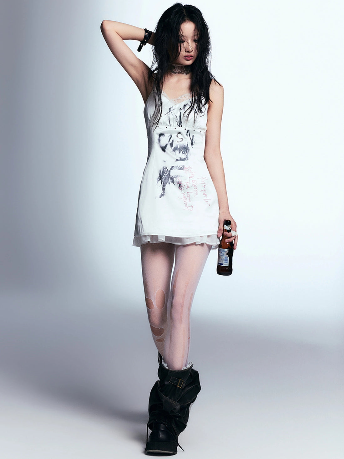 Chinese Clothing Cest Nous Update Punk Print Satin Slip Dress With Lace