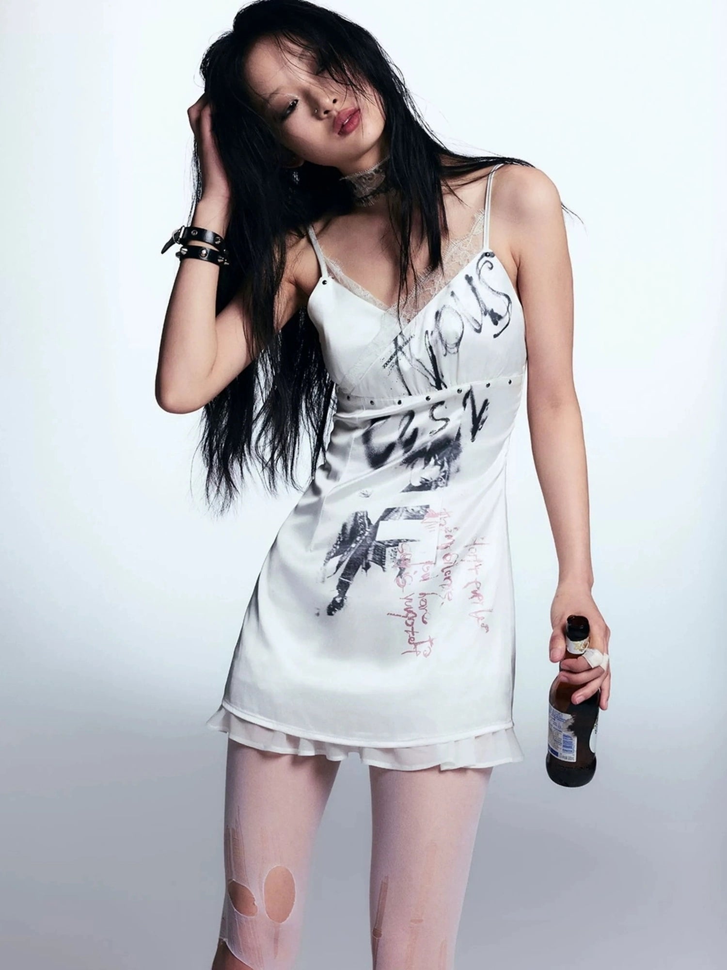 Chinese Clothing Cest Nous Update Punk Print Satin Slip Dress With Lace
