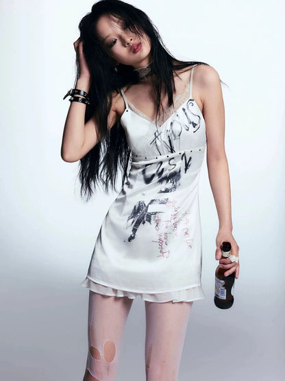 Chinese Clothing Cest Nous Update Punk Print Satin Slip Dress With Lace
