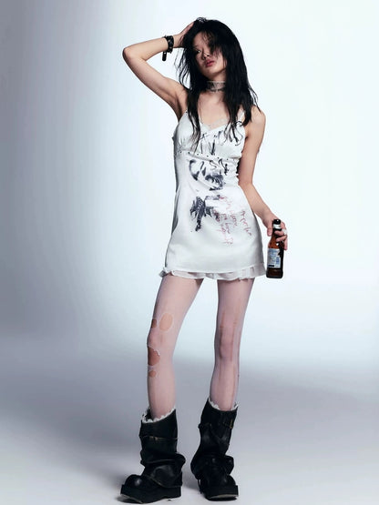 Chinese Clothing Cest Nous Update Punk Print Satin Slip Dress With Lace