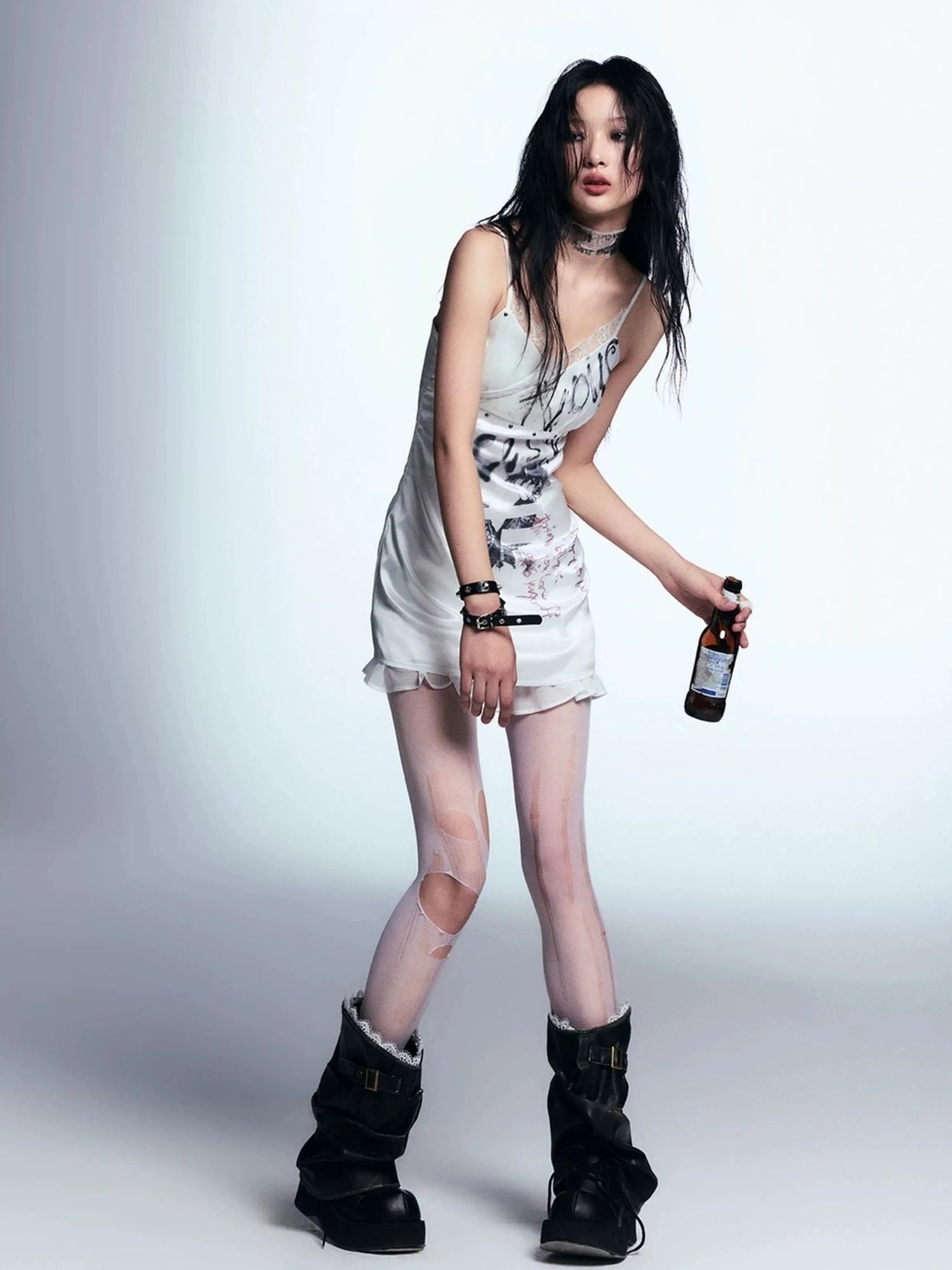 Chinese Clothing Cest Nous Update Punk Print Satin Slip Dress With Lace