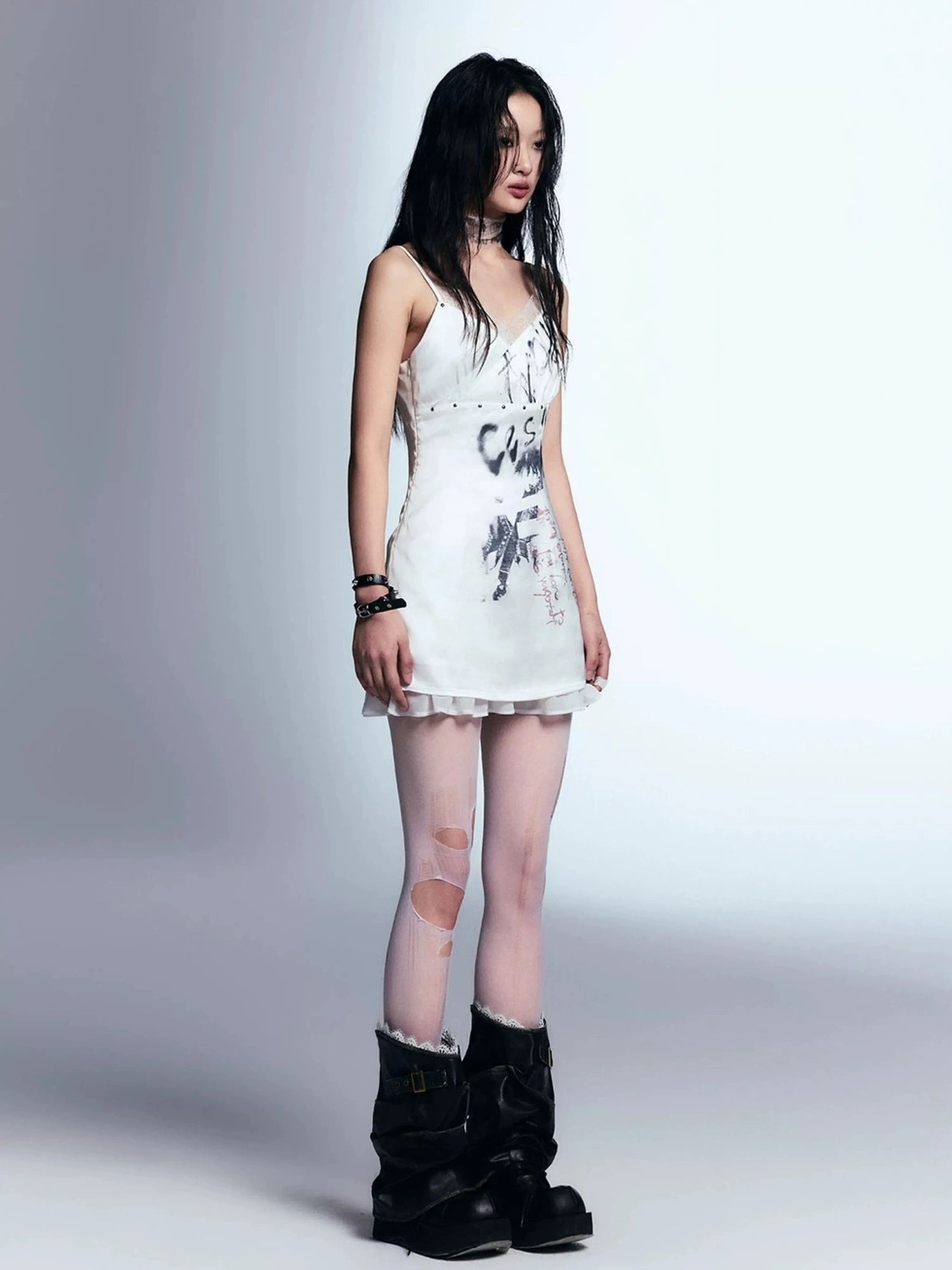Chinese Clothing Cest Nous Update Punk Print Satin Slip Dress With Lace