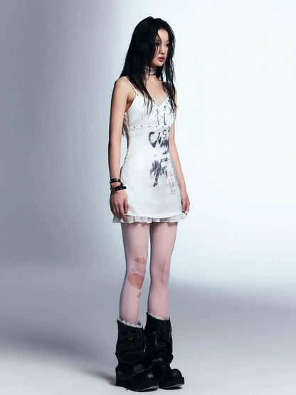 Chinese Clothing Cest Nous Update Punk Print Satin Slip Dress With Lace