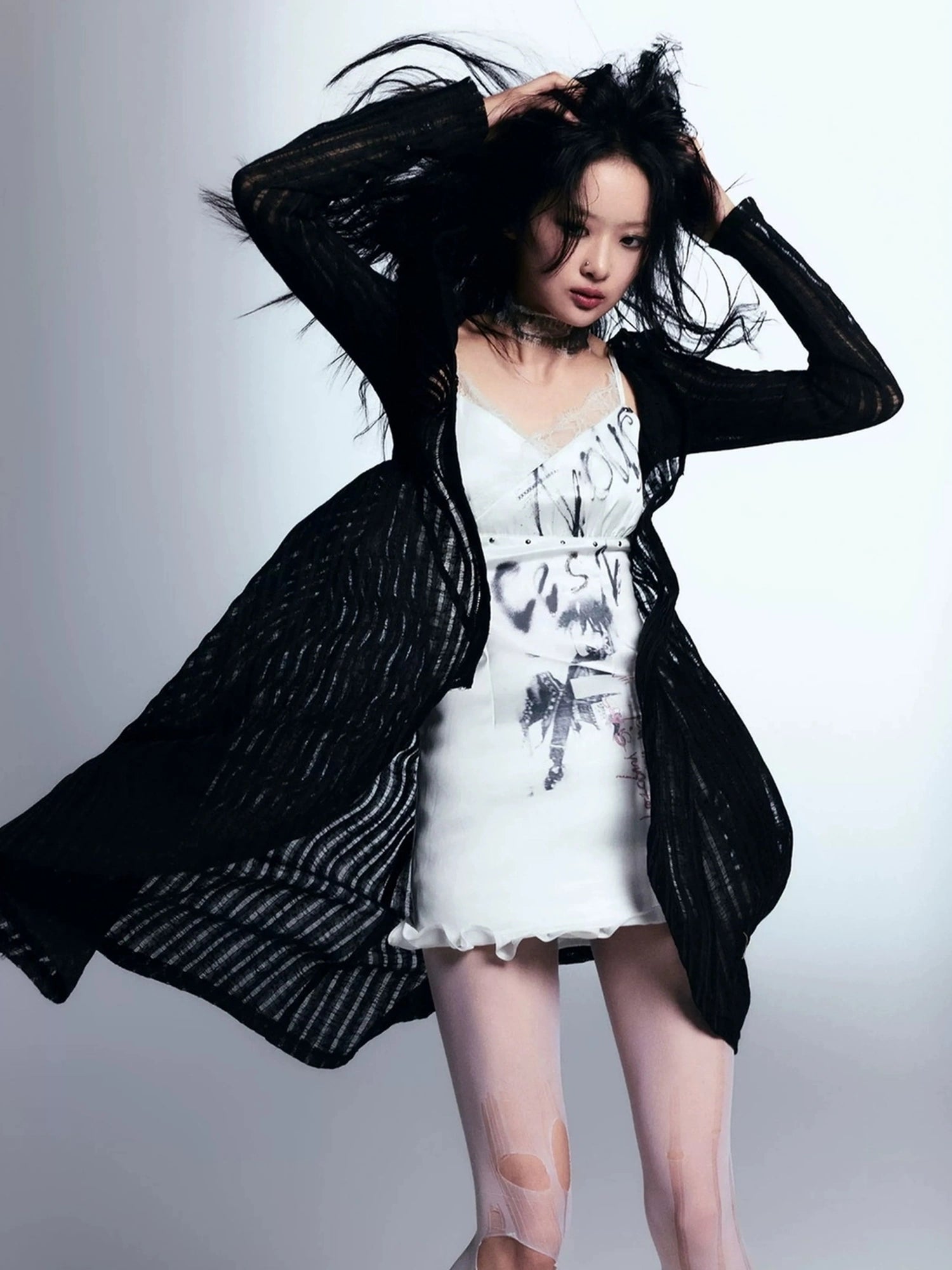Chinese Clothing Cest Nous Update Punk Print Satin Slip Dress With Lace