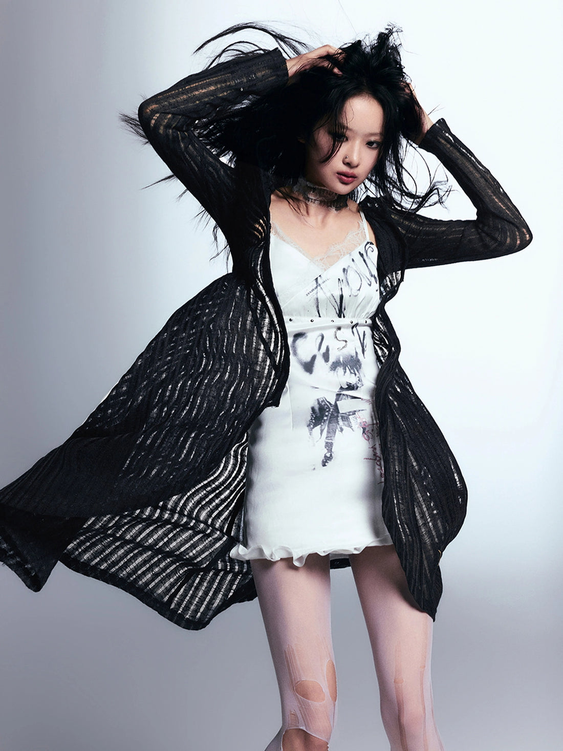 Chinese Clothing Cest Nous Update Punk Print Satin Slip Dress With Lace