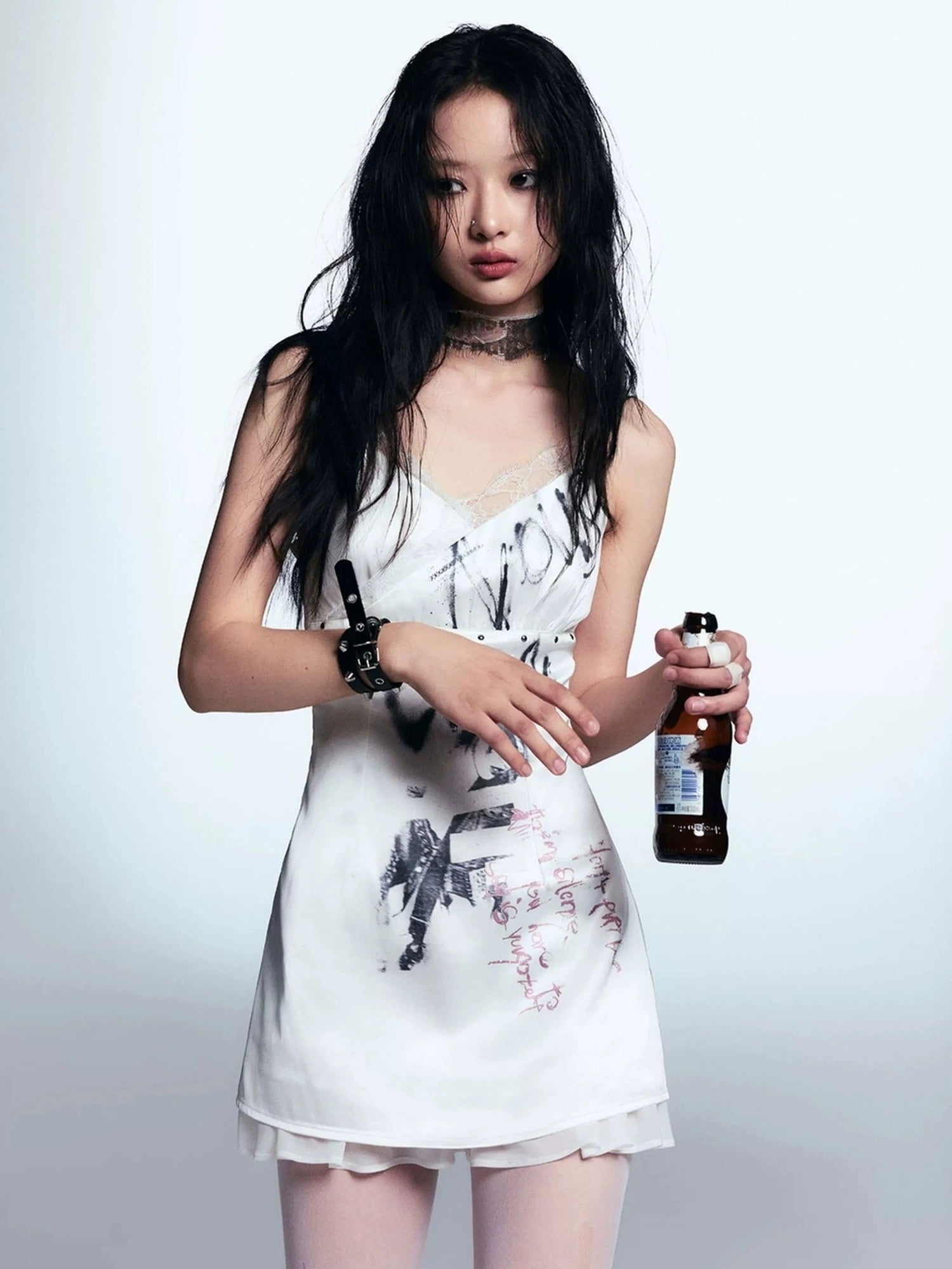 Chinese Clothing Cest Nous Update Punk Print Satin Slip Dress With Lace