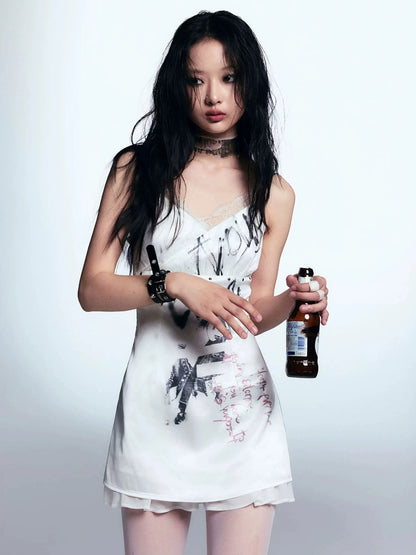 Chinese Clothing Cest Nous Update Punk Print Satin Slip Dress With Lace