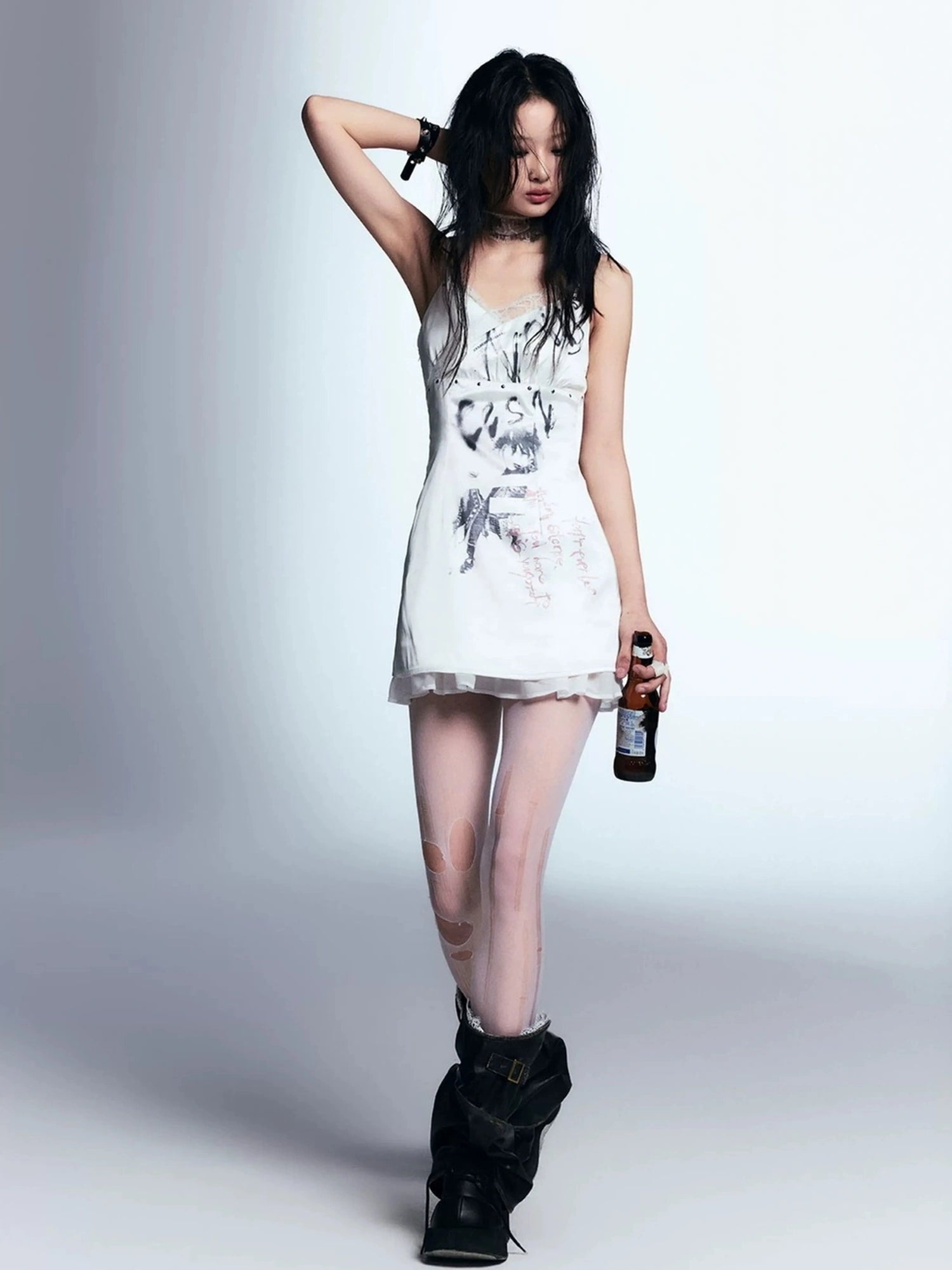 Chinese Clothing Cest Nous Update Punk Print Satin Slip Dress With Lace