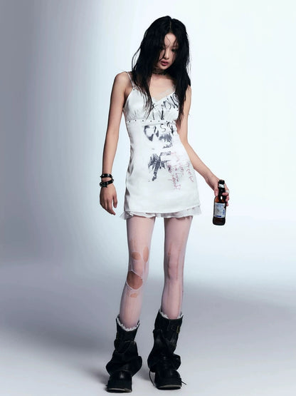 Chinese Clothing Cest Nous Update Punk Print Satin Slip Dress With Lace