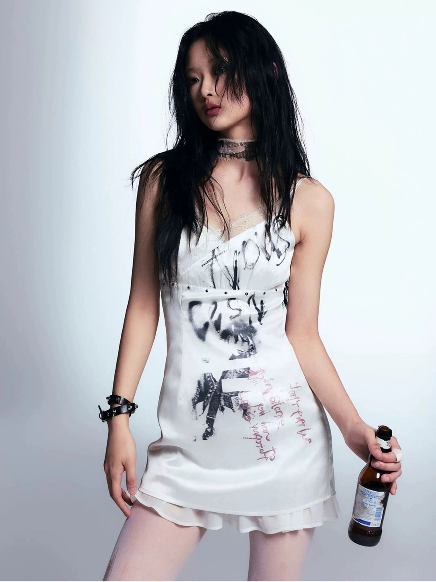 Chinese Clothing Cest Nous Update Punk Print Satin Slip Dress With Lace