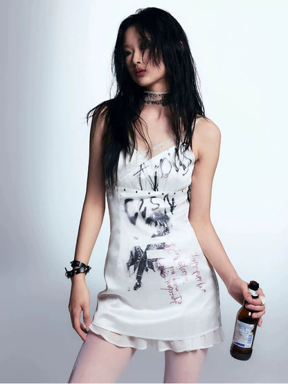 Chinese Clothing Cest Nous Update Punk Print Satin Slip Dress With Lace