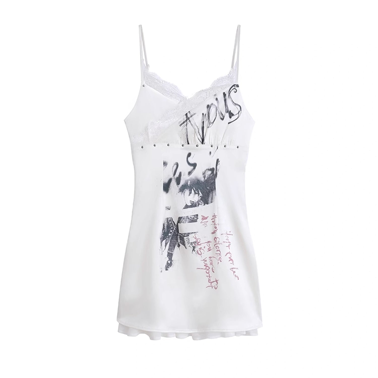 Chinese Clothing Cest Nous Update Punk Print Satin Slip Dress With Lace MISSTT