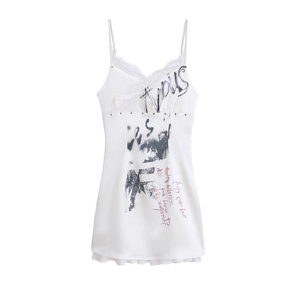 Chinese Clothing Cest Nous Update Punk Print Satin Slip Dress With Lace MISSTT
