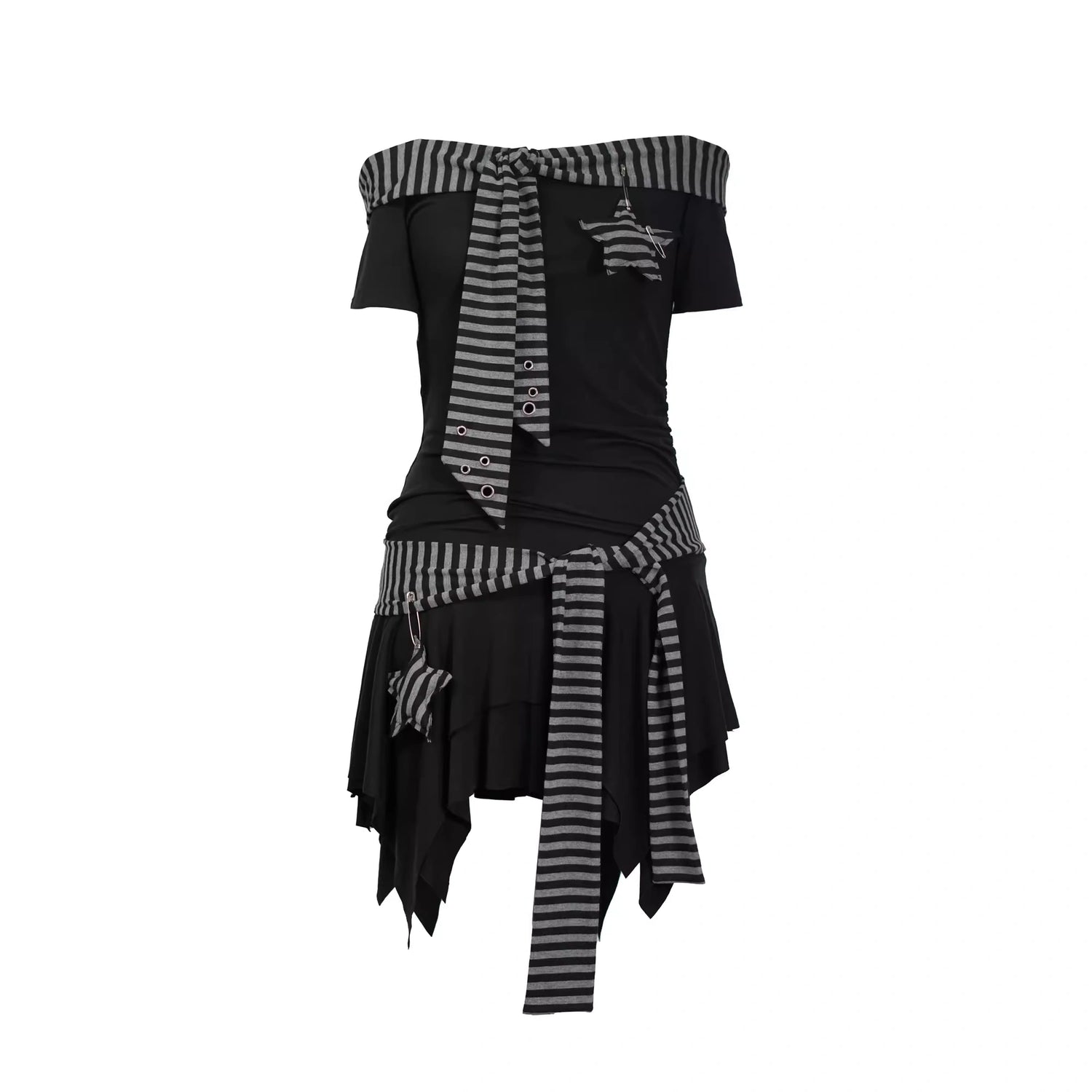 Chinese Clothing Cest Nous Update Punk Starfish Striped Off Shoulder V-neck T-shirt Long Sleeve Dress MISSTT