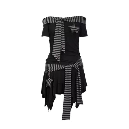 Chinese Clothing Cest Nous Update Punk Starfish Striped Off Shoulder V-neck T-shirt Long Sleeve Dress MISSTT