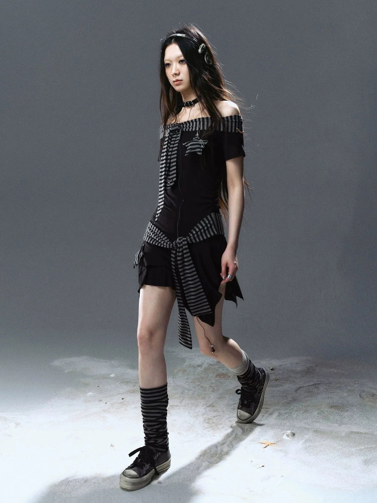 Chinese Clothing Cest Nous Update Punk Starfish Striped Off Shoulder V-neck T-shirt Long Sleeve Dress