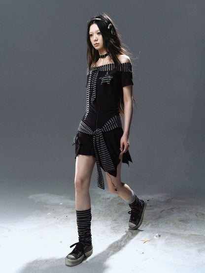Chinese Clothing Cest Nous Update Punk Starfish Striped Off Shoulder V-neck T-shirt Long Sleeve Dress
