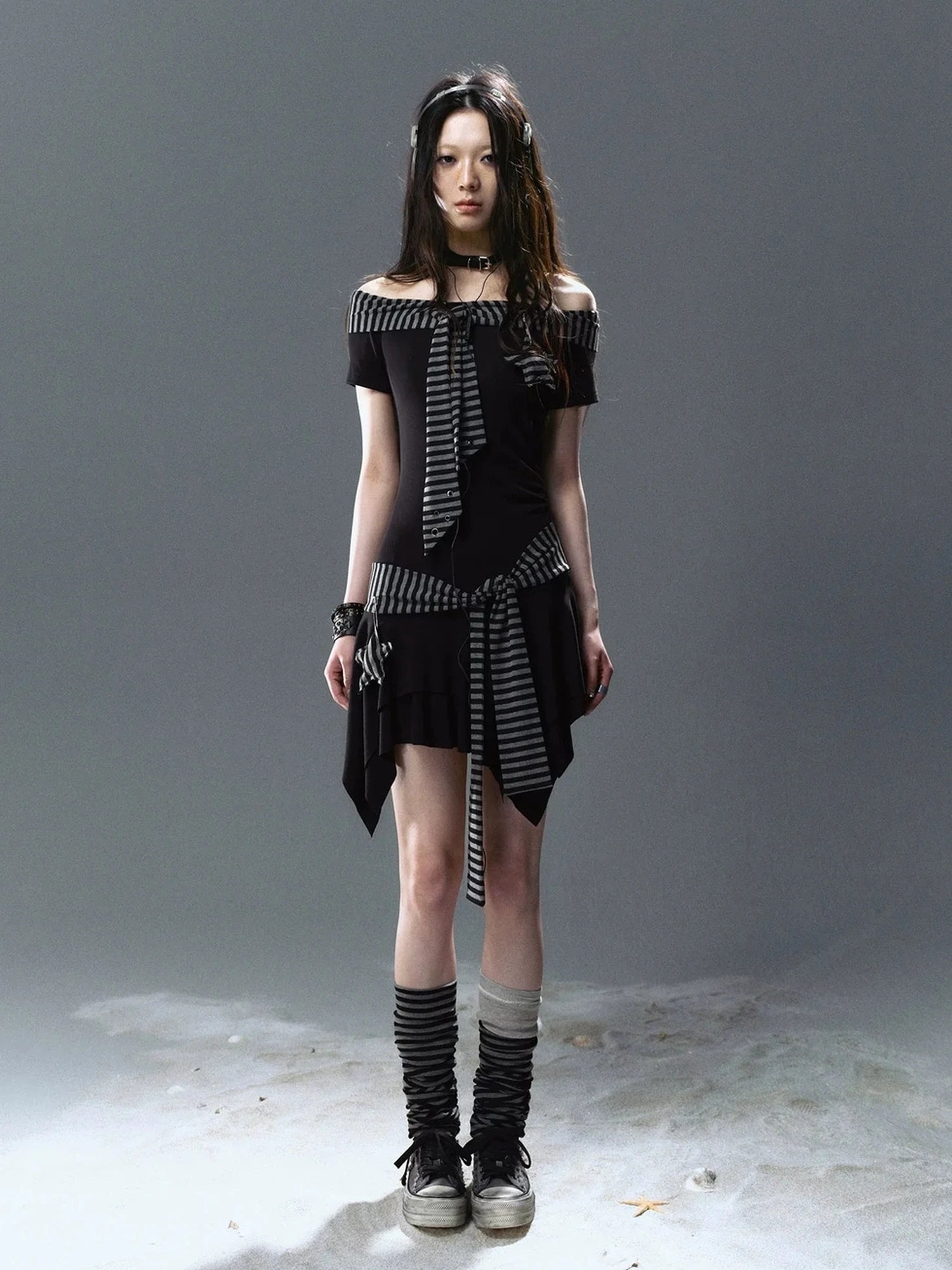 Chinese Clothing Cest Nous Update Punk Starfish Striped Off Shoulder V-neck T-shirt Long Sleeve Dress