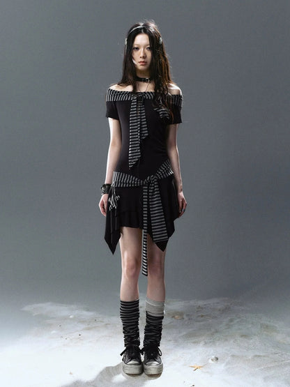 Chinese Clothing Cest Nous Update Punk Starfish Striped Off Shoulder V-neck T-shirt Long Sleeve Dress