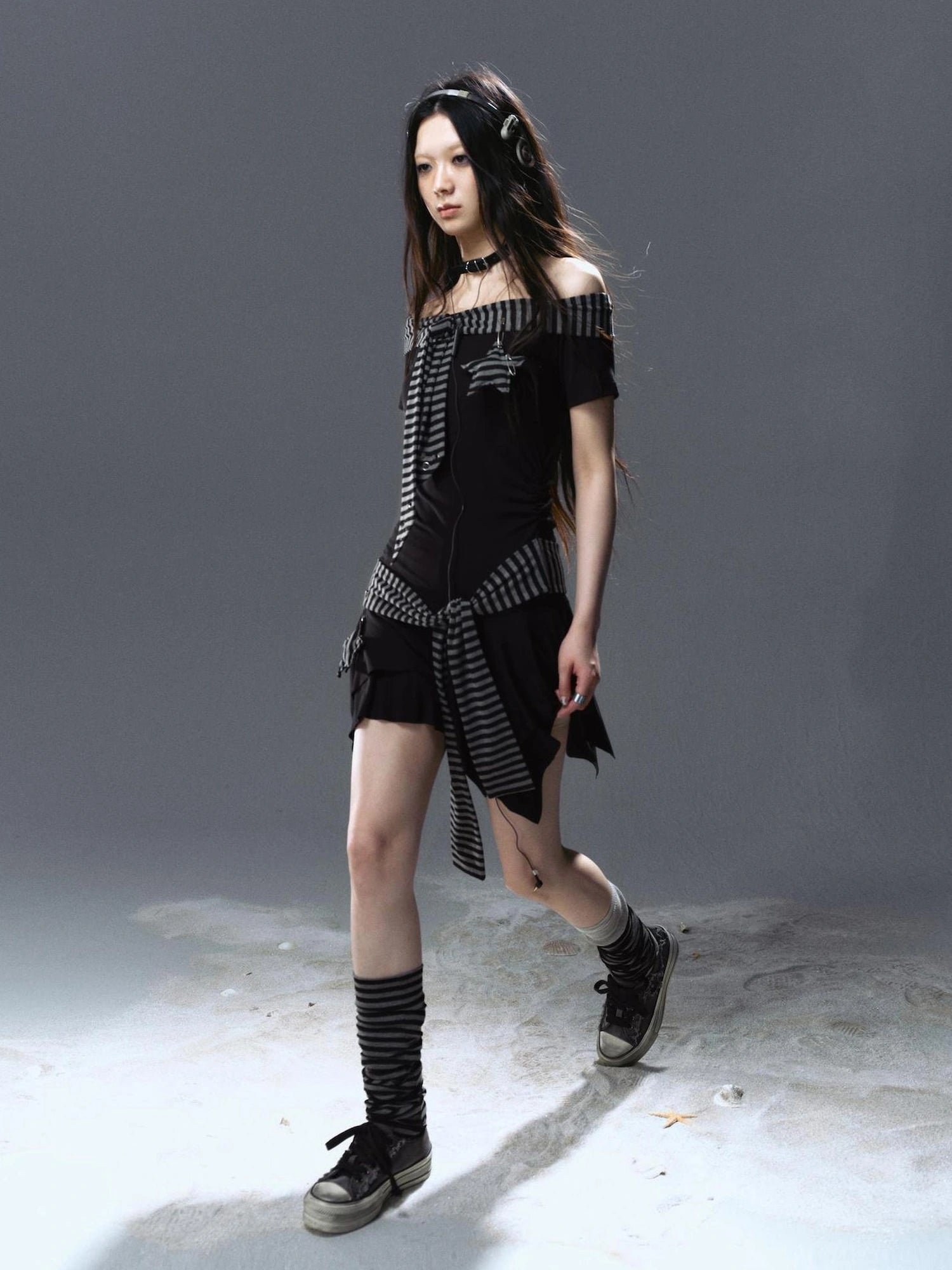 Chinese Clothing Cest Nous Update Punk Starfish Striped Off Shoulder V-neck T-shirt Long Sleeve Dress