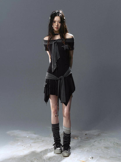 Chinese Clothing Cest Nous Update Punk Starfish Striped Off Shoulder V-neck T-shirt Long Sleeve Dress