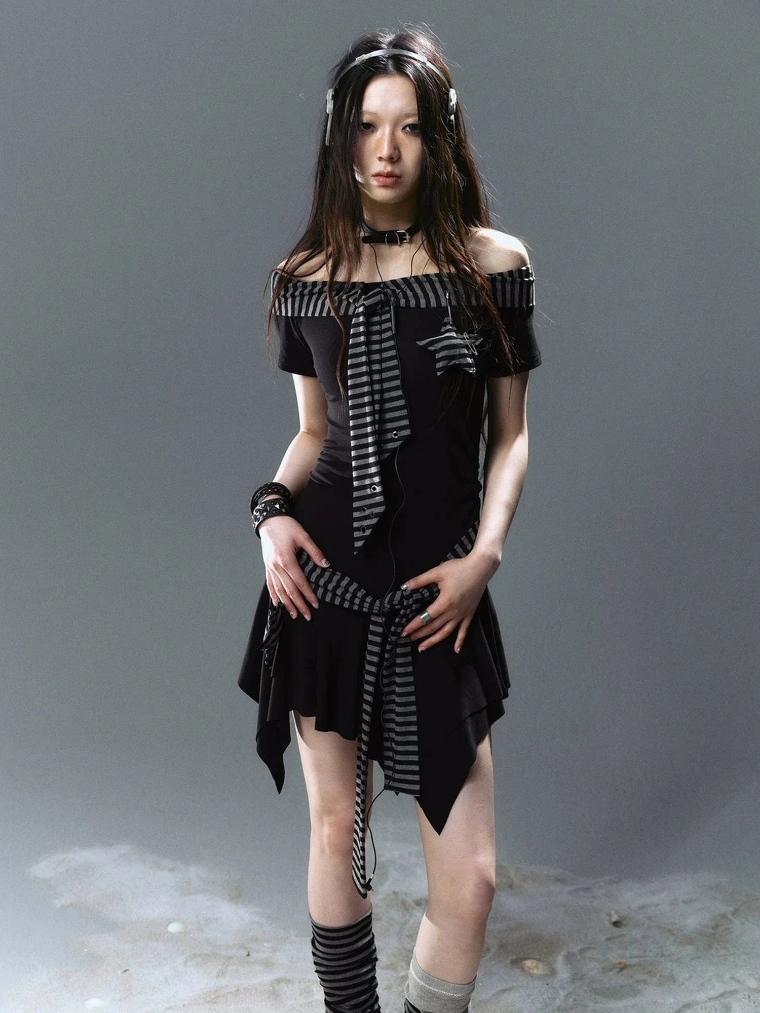 Chinese Clothing Cest Nous Update Punk Starfish Striped Off Shoulder V-neck T-shirt Long Sleeve Dress