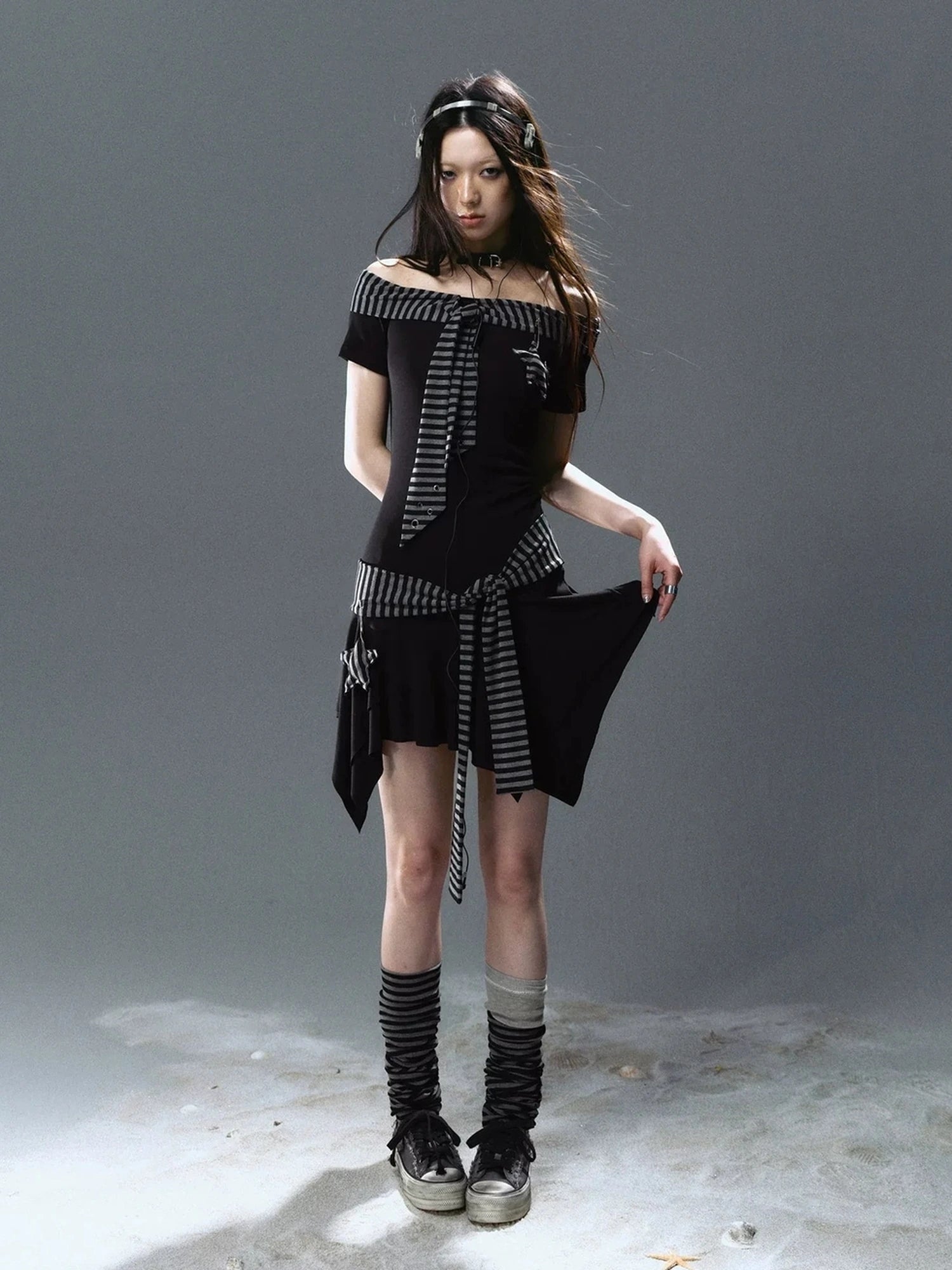 Chinese Clothing Cest Nous Update Punk Starfish Striped Off Shoulder V-neck T-shirt Long Sleeve Dress