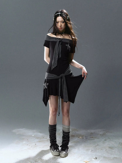 Chinese Clothing Cest Nous Update Punk Starfish Striped Off Shoulder V-neck T-shirt Long Sleeve Dress