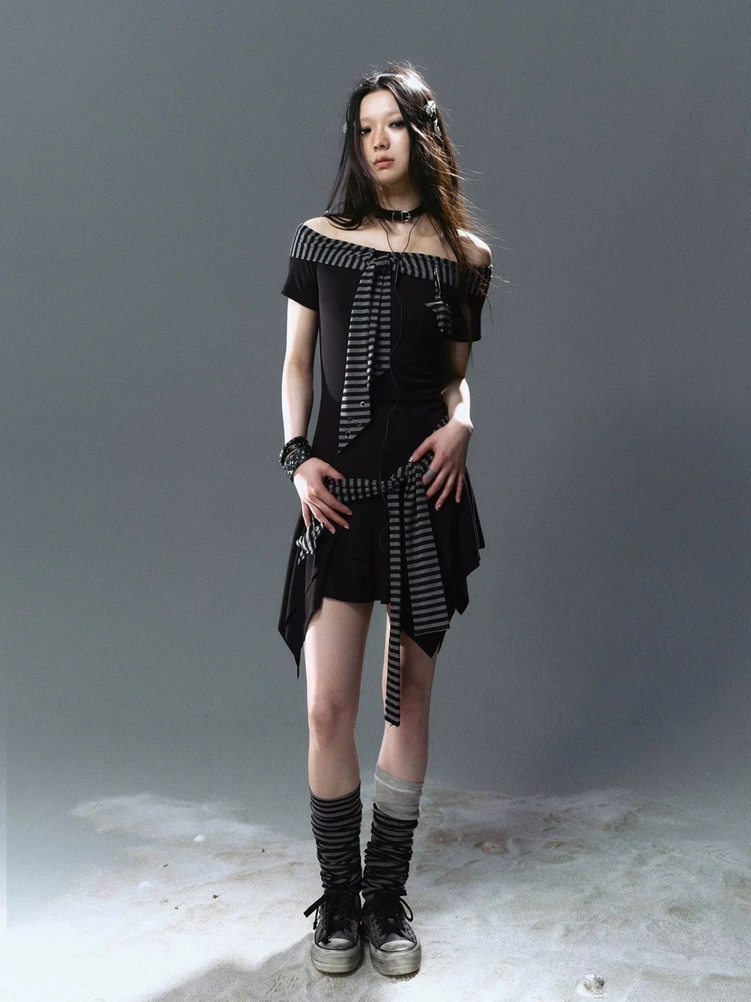 Chinese Clothing Cest Nous Update Punk Starfish Striped Off Shoulder V-neck T-shirt Long Sleeve Dress