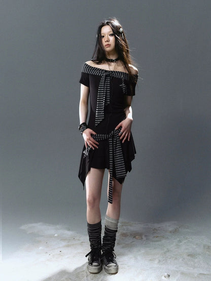 Chinese Clothing Cest Nous Update Punk Starfish Striped Off Shoulder V-neck T-shirt Long Sleeve Dress