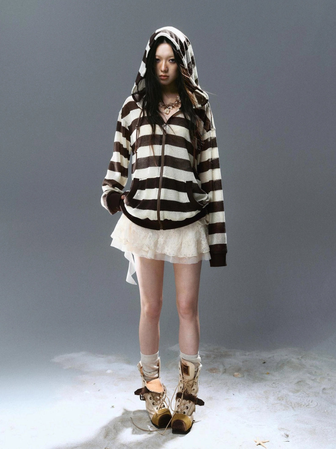 Chinese Clothing Cest Nous Update Punk Stripe Hollow Knit Hooded Sunshield Cardigan