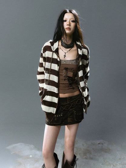 Chinese Clothing Cest Nous Update Punk Stripe Hollow Knit Hooded Sunshield Cardigan