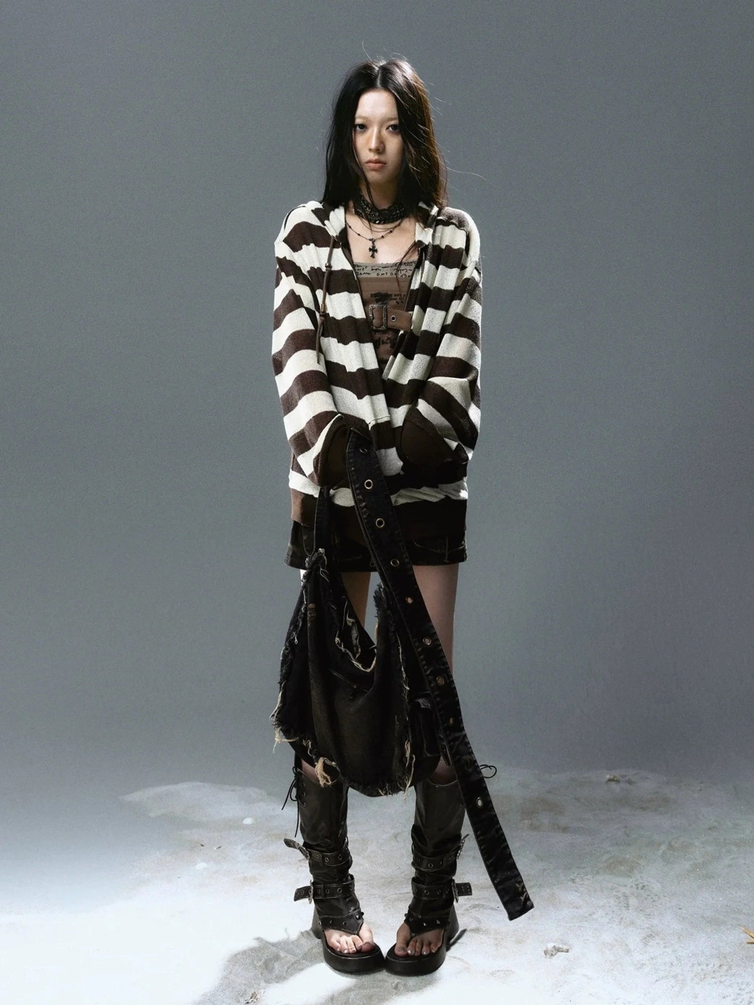 Chinese Clothing Cest Nous Update Punk Stripe Hollow Knit Hooded Sunshield Cardigan