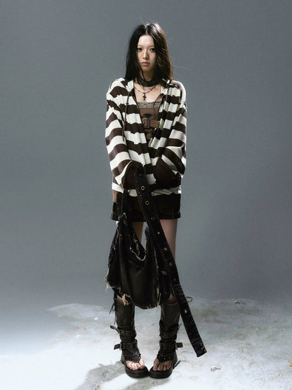 Chinese Clothing Cest Nous Update Punk Stripe Hollow Knit Hooded Sunshield Cardigan