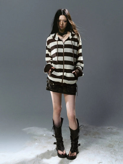 Chinese Clothing Cest Nous Update Punk Stripe Hollow Knit Hooded Sunshield Cardigan