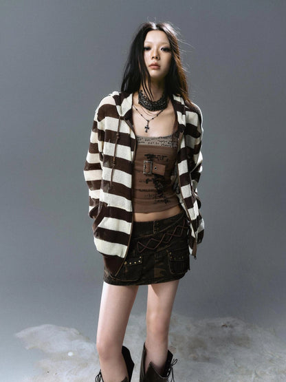 Chinese Clothing Cest Nous Update Punk Stripe Hollow Knit Hooded Sunshield Cardigan