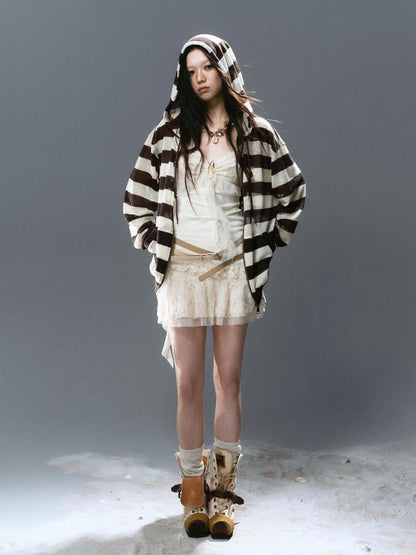 Chinese Clothing Cest Nous Update Punk Stripe Hollow Knit Hooded Sunshield Cardigan
