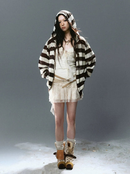 Chinese Clothing Cest Nous Update Punk Stripe Hollow Knit Hooded Sunshield Cardigan
