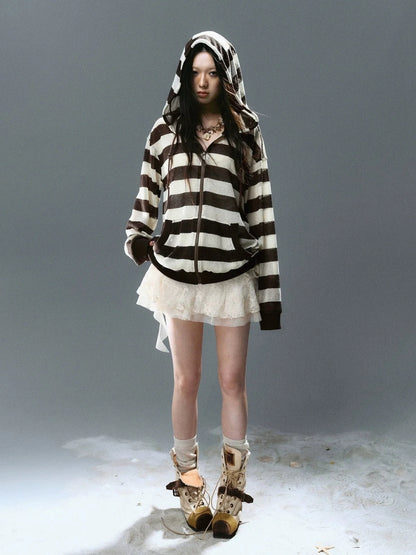Chinese Clothing Cest Nous Update Punk Stripe Hollow Knit Hooded Sunshield Cardigan