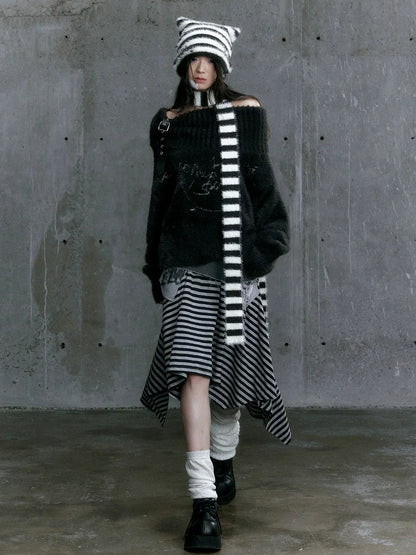 Chinese Clothing Cest Nous Update Punk Striped Cat Ear Hat Scarf Set