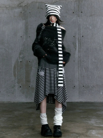 Chinese Clothing Cest Nous Update Punk Striped Cat Ear Hat Scarf Set