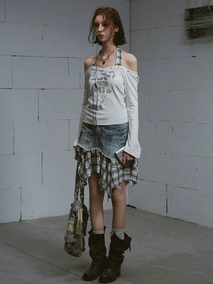 Chinese Clothing Cest Nous Update Punk Studded Off Shoulder Graphic Top