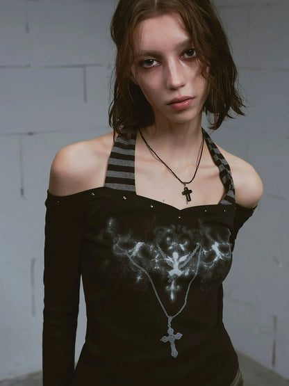 Chinese Clothing Cest Nous Update Punk Studded Off Shoulder Graphic Top