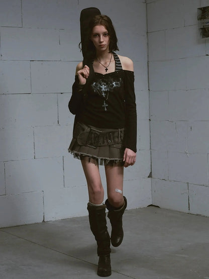 Chinese Clothing Cest Nous Update Punk Studded Off Shoulder Graphic Top