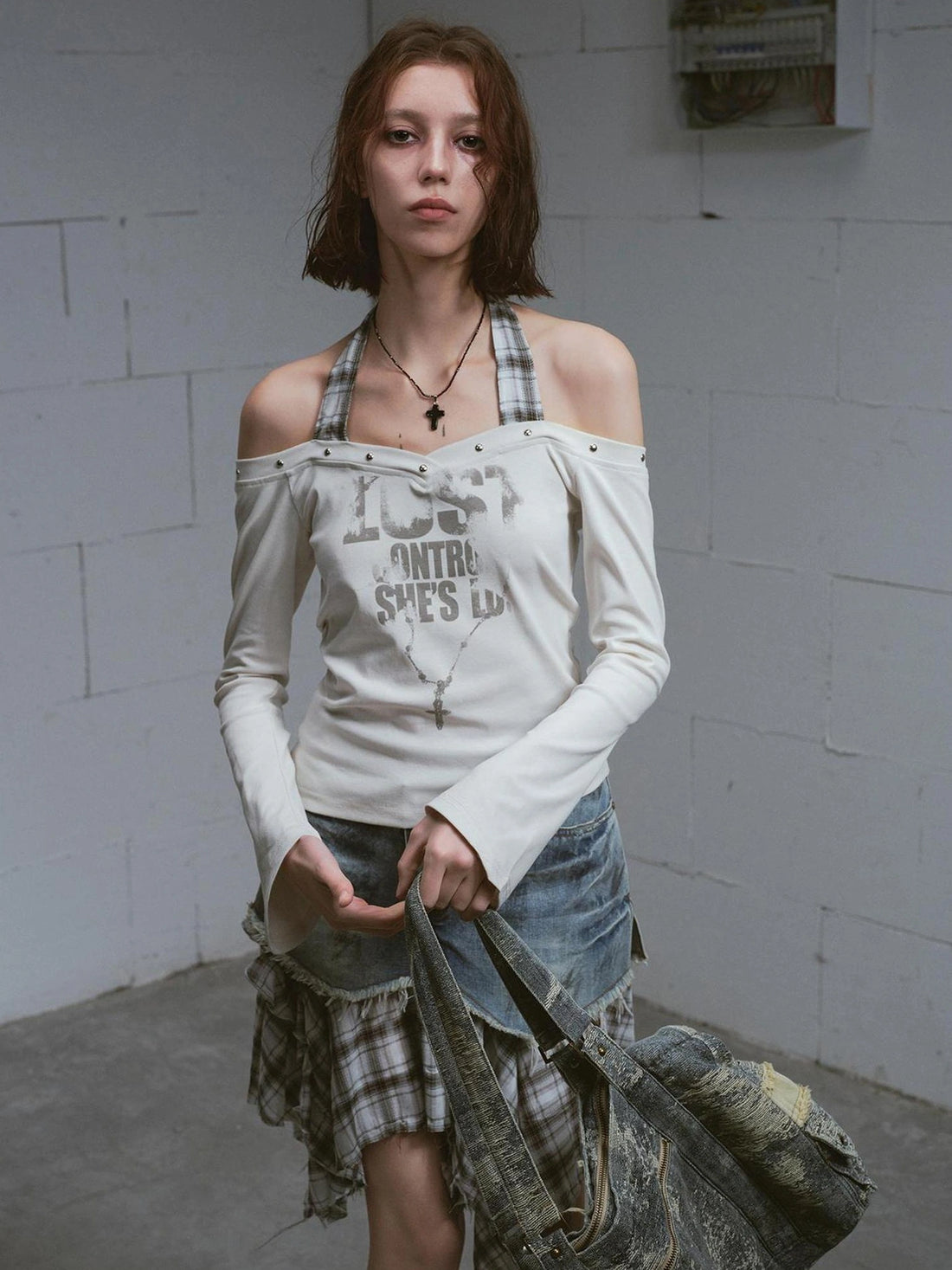 Chinese Clothing Cest Nous Update Punk Studded Off Shoulder Graphic Top