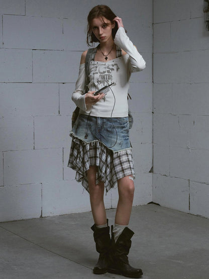 Chinese Clothing Cest Nous Update Punk Studded Off Shoulder Graphic Top