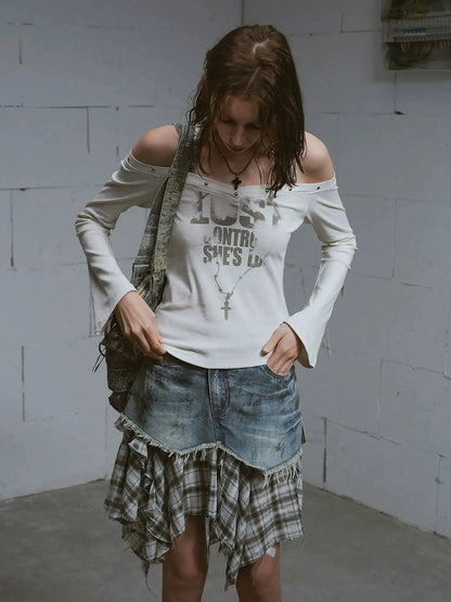 Chinese Clothing Cest Nous Update Punk Studded Off Shoulder Graphic Top